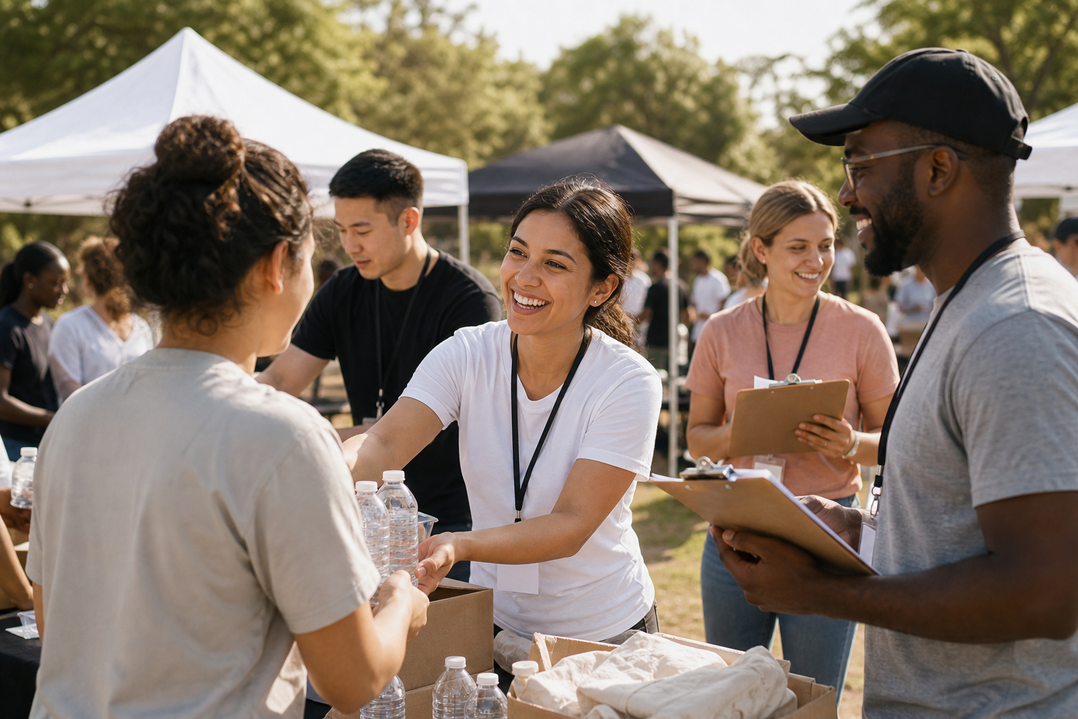Diverse group of volunteers collaborating outdoors at a community event with tents and supplies