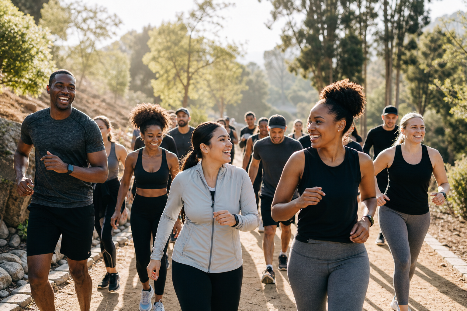 Group of people running together on an outdoor trail during a community wellness event