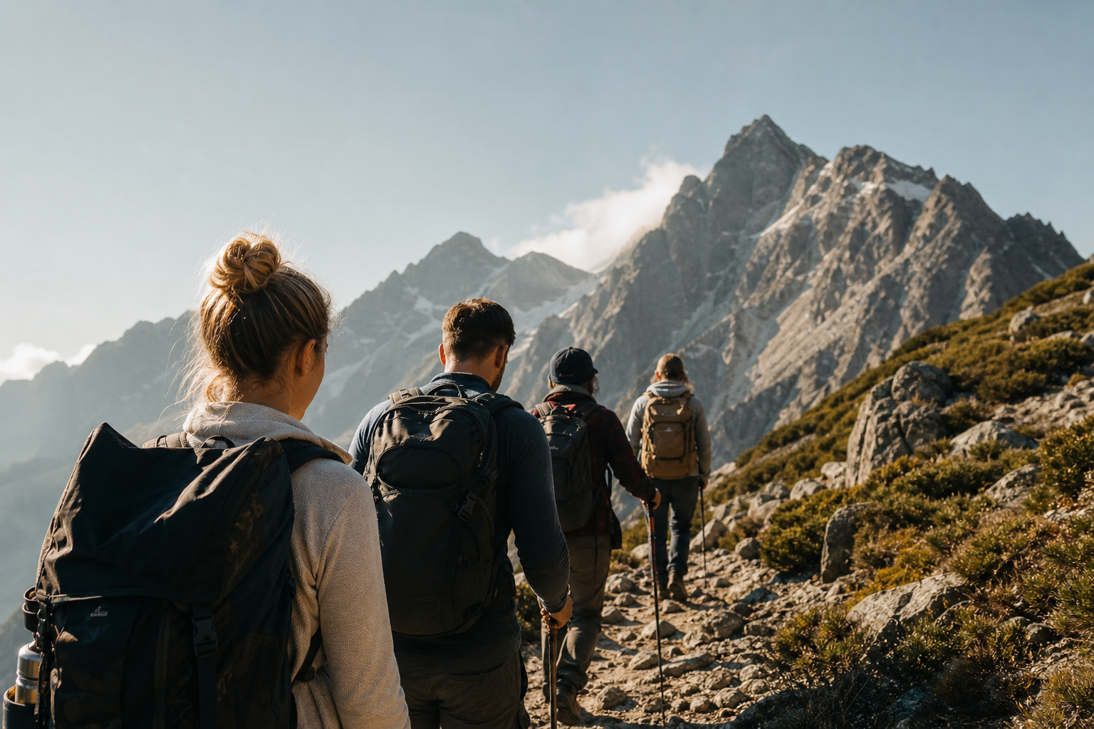 Small group of hikers trekking toward a mountain summit on a rocky trail with backpacks