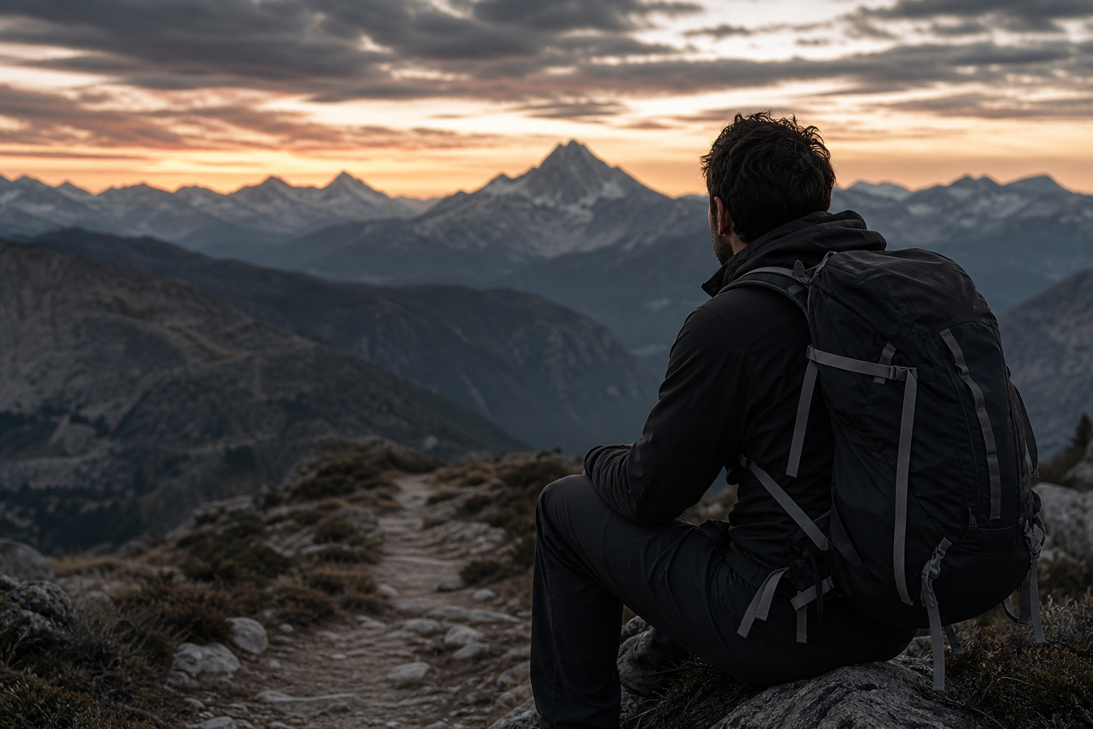 Solitary hiker pausing on a rocky mountain trail at dusk looking toward distant peaks