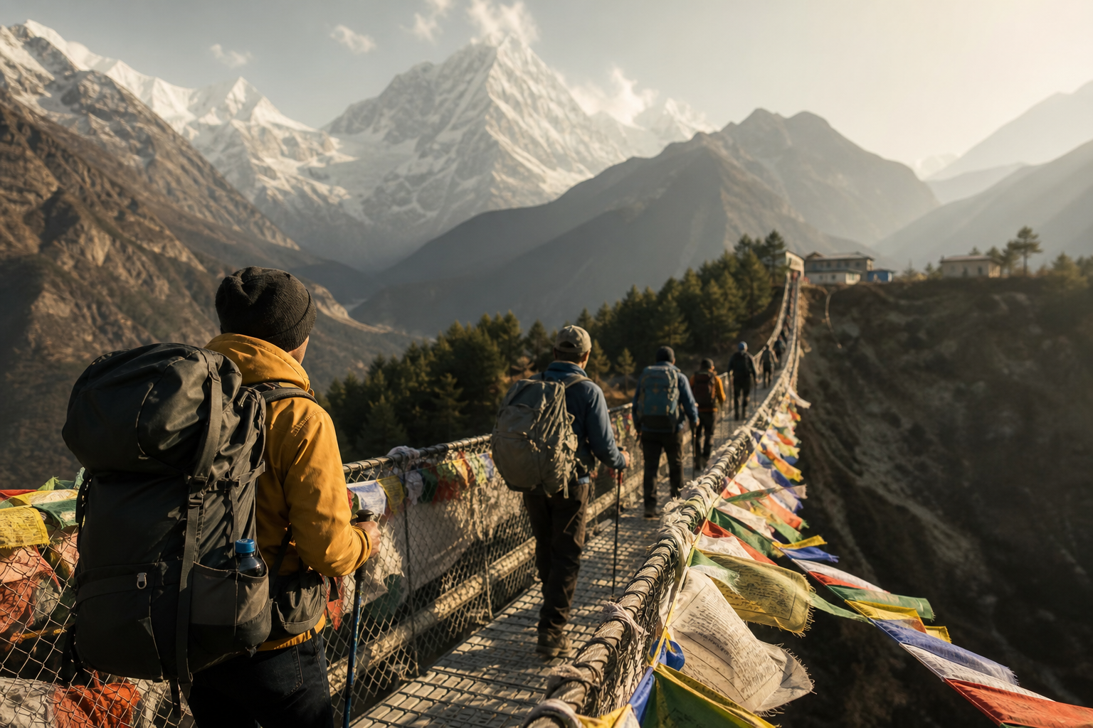 Trekkers with backpacks crossing a suspension bridge with prayer flags in the Everest region