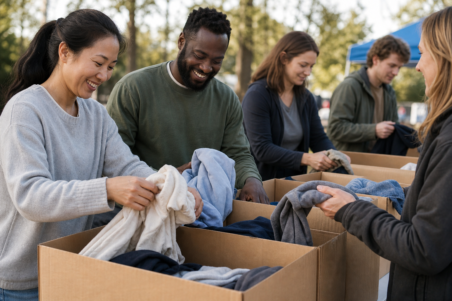 Group of volunteers smiling while sorting donated clothing into boxes outdoors